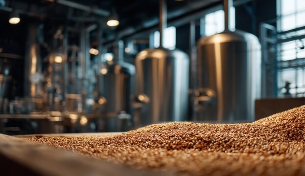 Fine, golden-colored grain particles with textured surface in an industrial setting on a conveyor or processing equipment