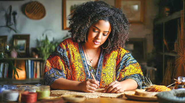 plus size african woman with curly hair, wearing a brightly colored dress with a traditional pattern, making handmade crafts in a simple workshop