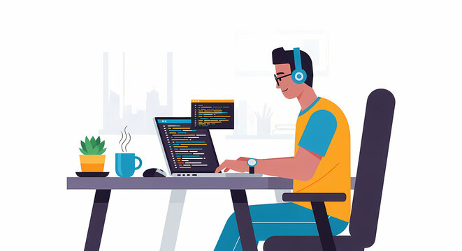 Programmer working on laptop coding software with headphones at desk