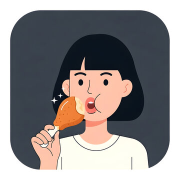 Excited young woman with short dark hair joyfully eating a crispy golden fried chicken leg, showing teeth and open mouth, with sparkles near cheek. Isolated on dark background.