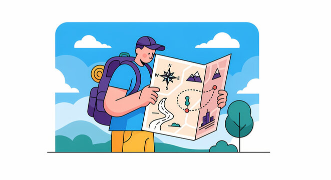 Hiker with backpack looking at map outdoors with mountains and trees