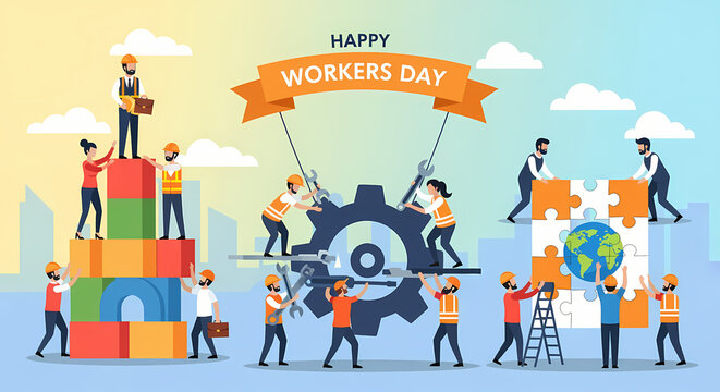 Team of diverse workers collaborating on building blocks, gear mechanism, and puzzle for Workers Day celebration