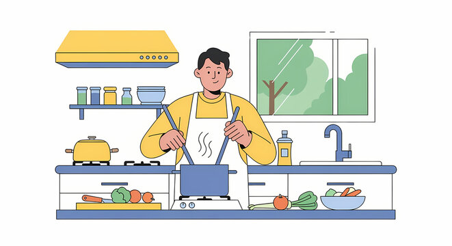 Man cooking in modern kitchen with fresh vegetables and kitchen utensils
