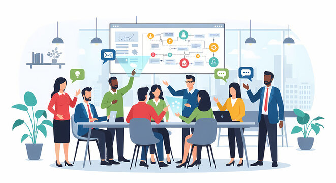 Business team meeting and collaboration in modern office with digital communication icons
