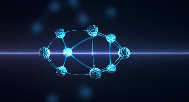 Close-up of a quantum entanglement state pair of glowing blue particles connected by a light