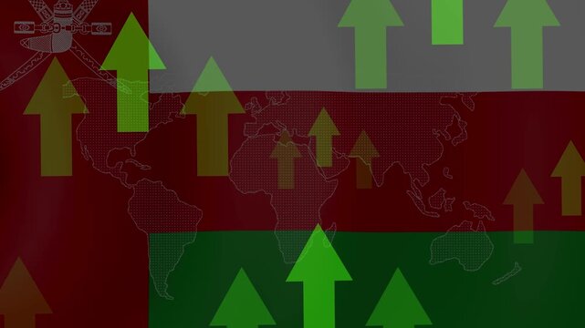 Oman's Growth: Rising green arrows overlay a blurred Oman flag and a faint world map, symbolizing economic progress.
