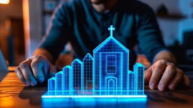 Financial growth and religious development  man adjusts glowing bar chart next to church model