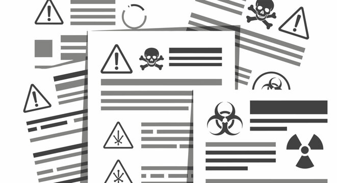 Dangerous chemicals and hazardous materials safety data sheets illustration.