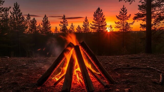 A campfire burns brightly in a forest clearing at sunset