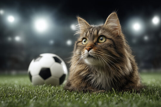 Adorable long haired cat beside soccer ball on stadium field under bright lights