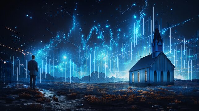 Man adjusting glowing bar chart next to church model  financial and religious growth concepts