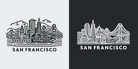 Naklejka premium San Francisco Skyline Bridge Illustration Vector