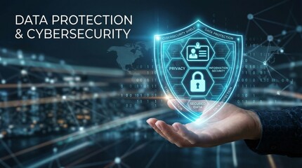 Cybersecurity and data protection concept with digital identity and privacy shield held in hand over a global network background for secure information technology and internet safety systems.
