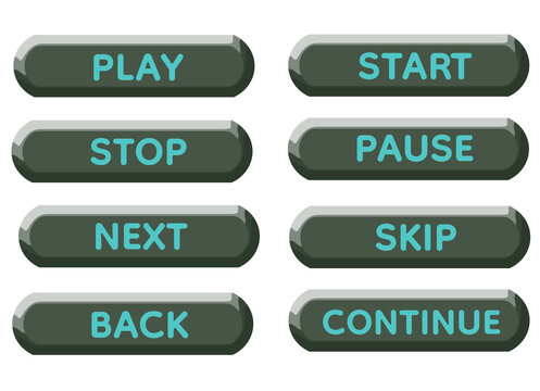 Luxury 3D Glossy Dark Green Media Control Text Button Set with Light Green Typography Play Start Stop Pause Next Skip Back Continue, Elegant Rounded UI Elements, Modern Clean Interface Design