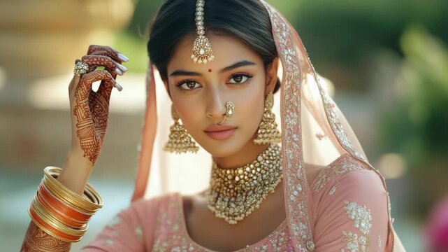 Priya is transformed for her traditional Indian wedding with intricate henna designs, gold and pink jewelry, and a beautifully embellished sari. She exudes festive elegance.