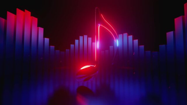 4K seamless VJ loop with a glowing musical note and audio equalizer bars for VJ sets, high-tech club visuals, electronic music festivals, stage screens and for LED video walls