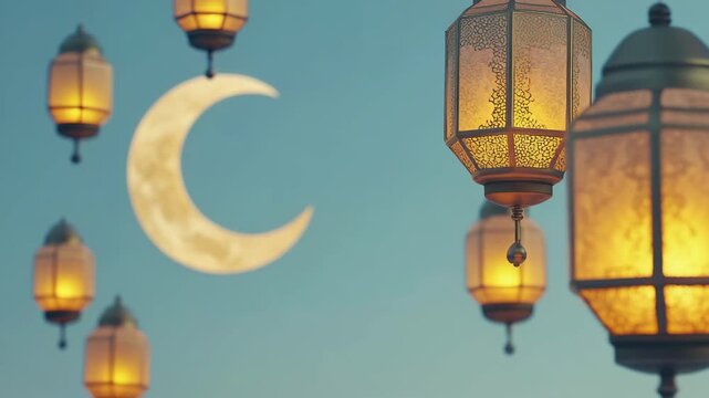 Ramadan lanterns floating in the sky under a full moon during the holiday celebration.