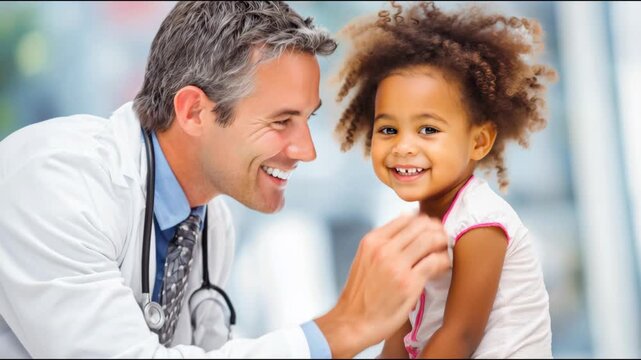 Friendly pediatrician gently touching the face of a smiling toddler during a medical checkup in a hospital