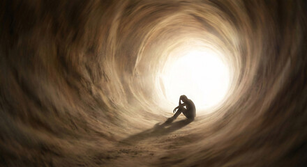 Fototapeta premium Solitary Human Silhouette Sits Reflecting in a Long Tunnel Towards a Bright Exit Light