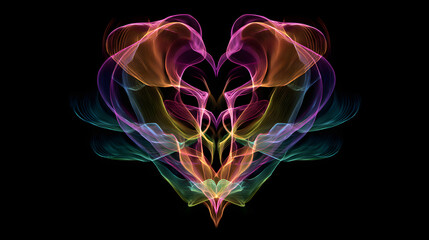 Obraz premium Neon smoke heart on black in symmetrical abstract futuristic lgbtq wallpaper design