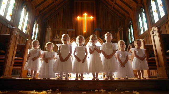 Children s choir performance during easter service at church with tomb decoration and neon cross