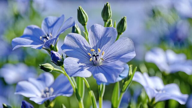 Closeup of delicate blue flax flowers blooming in a field.