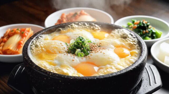 Delicious Korean Soft Tofu Stew with Eggs and Side Dishes.