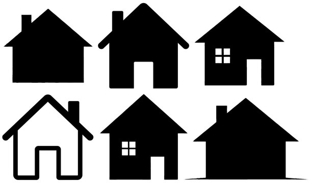 Six black house icons and silhouettes: minimalist home outlines, some with windows or doors.