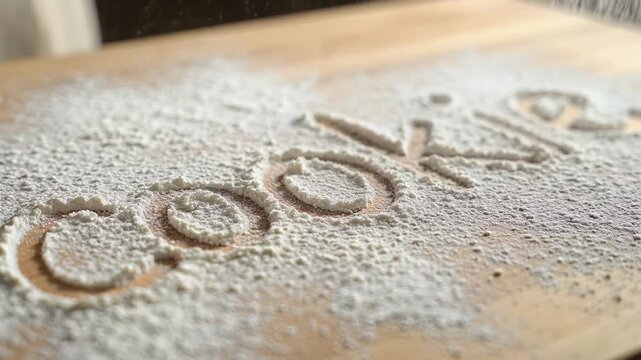 Flour dusted word cookie on wooden surface close up shot.