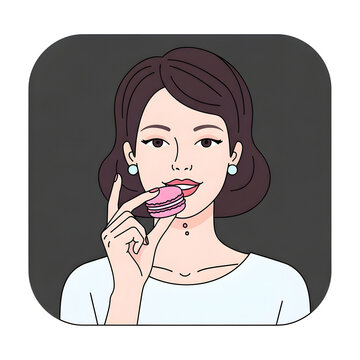 Woman enjoying a pink macaron, close-up, illustration, modern style, dark background, concept of indulgence and sweet treats