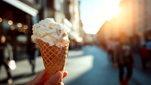 Hand holding ice cream cone on sunny street
