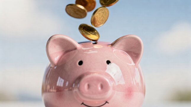 A pink piggy bank catching falling gold coins against a blurred sky background, symbolizing saving money and financial growth.