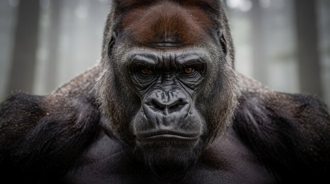 A close-up of a serious gorilla staring intensely, highlighting its expressive face and textured fur.