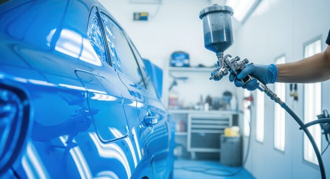 A person wearing gloves sprays blue paint onto a car in a professional auto body shop.