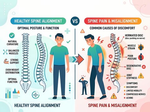 Visual guide comparing healthy spine alignment, optimal posture, and the multiple reasons for back pain and discomfort