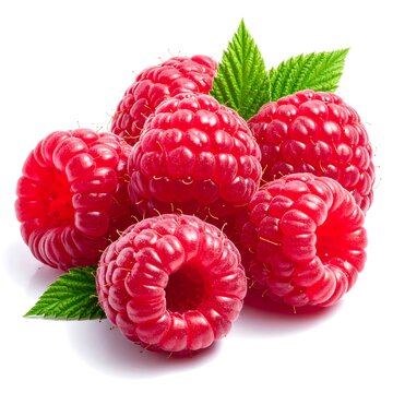 A close-up photo of fresh, vibrant raspberries with green leaves