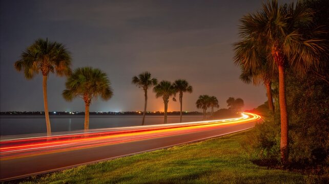 Tropical night drive with stars and light streaks