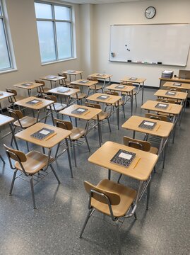 Empty modern classroom with neatly arranged student desks. Notebooks and pencils prepared for learning. Back to school and education concept