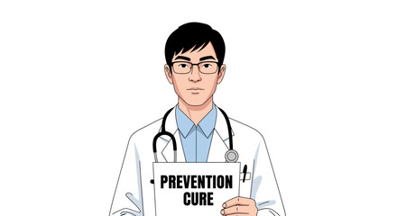 Fototapeta premium Asian Male Doctor Holding a Prevention and Cure Signboard