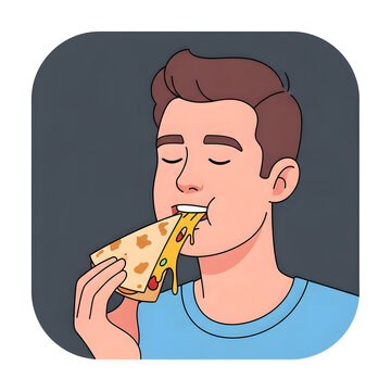 Man enthusiastically eating a cheesy slice of pizza, enjoying a delicious meal with eyes closed, cartoon illustration style.