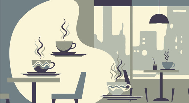 A minimalist illustration of a cozy coffee shop interior with steaming cups on tables and a city skyline visible through the window.