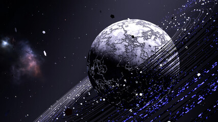 Dark ringed planet space background 3D render © S_Designs