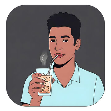 Young Black Man Enjoying a Refreshing Iced Beverage with a Straw, Vector Illustration