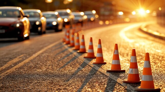 Traffic cones lined along a road with vehicles in the background during sunset, creating a warm glow on the asphalt surface and highlighting road safety measures