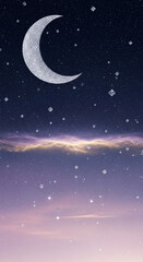 Naklejka premium Image of shiny crescent moon and cubic stars against gradient sky. Represents dream, magic, cosmic beauty, and calm night background.