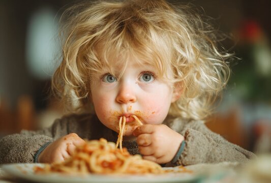 A blonde toddler girl with curly hair enjoying a plate of spaghetti noodles at a dining table