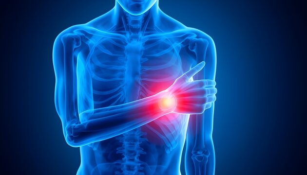 A medical illustration of a human skeleton with a glowing red pain point in the elbow joint