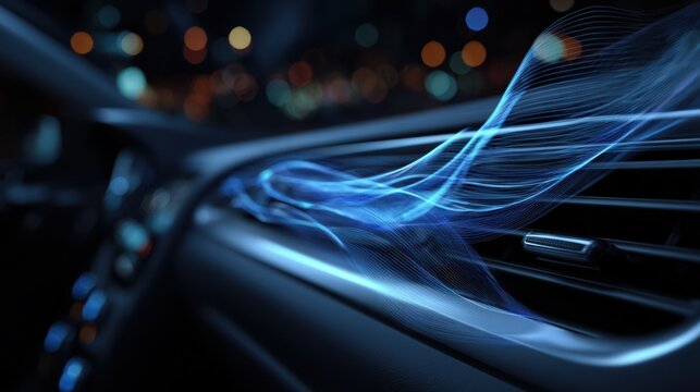A car's air conditioning vent with blue led illumination, showcasing modern automotive cooling system and sleek interior design