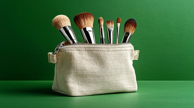 Makeup brush set displayed in a beige cosmetic bag on a green surface, featuring various brush sizes and shapes for professional application and artistry