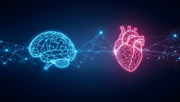A digital illustration of a brain and heart connected by glowing lines and dots on a dark background